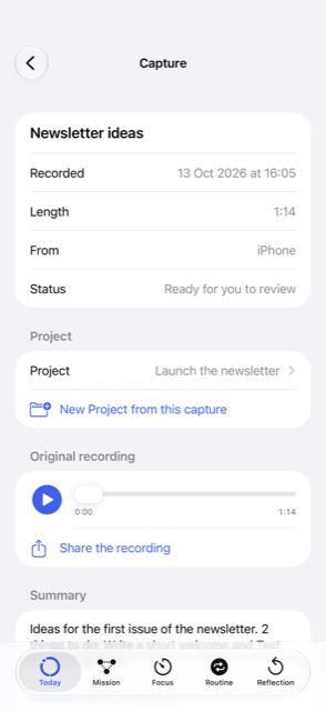 A capture with its summary, project and original recording