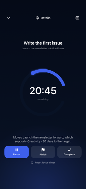 A running Focus timer with Pause, Finish and Complete