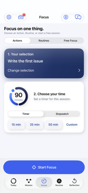 Choosing work and a time for a Focus session