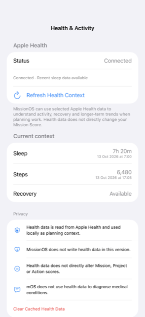 Health and Activity settings, connected