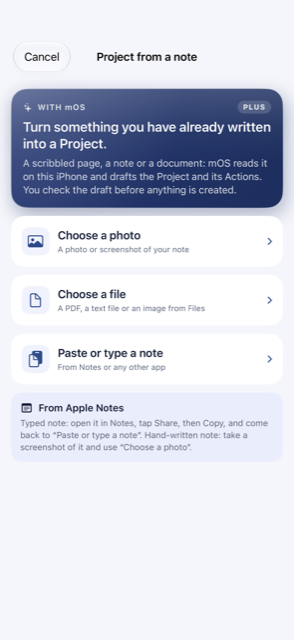 Choosing a note, photo or file to draft a Project from