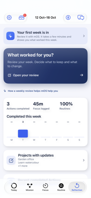 The Reflection tab with this week's summary