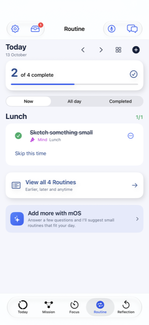 Today's routines with progress and a routine to tick