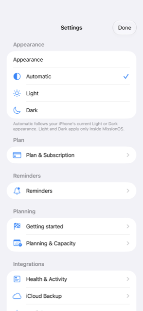 The Settings screen