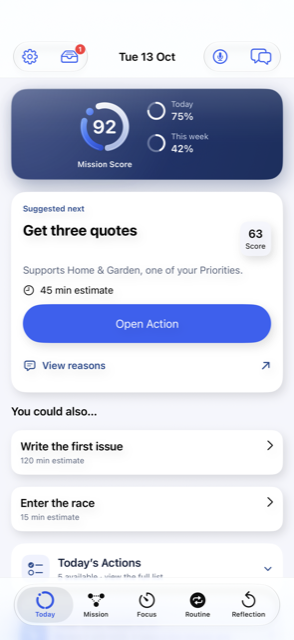 The Today screen with a suggested next Action and the Mission Score